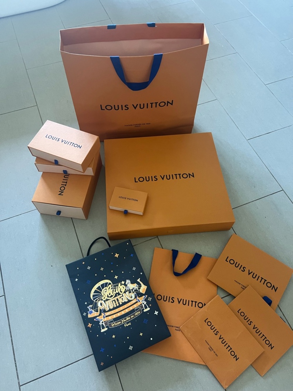 Louis Vuitton Orange and Navy Gift Bag & Box Collection